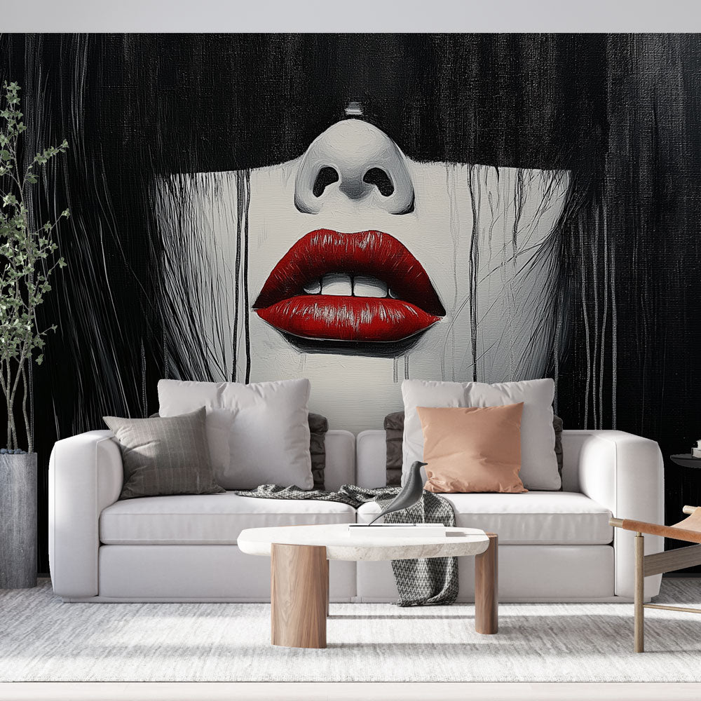 Abstract portrait wallpaper with red lips creating dramatic impact in modern living room with grey sofa and minimal decor