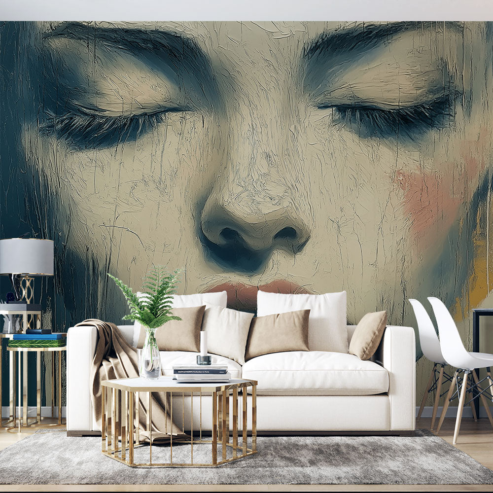 Abstract Portrait Wallpaper creating a calm atmosphere in a modern living room with neutral furniture