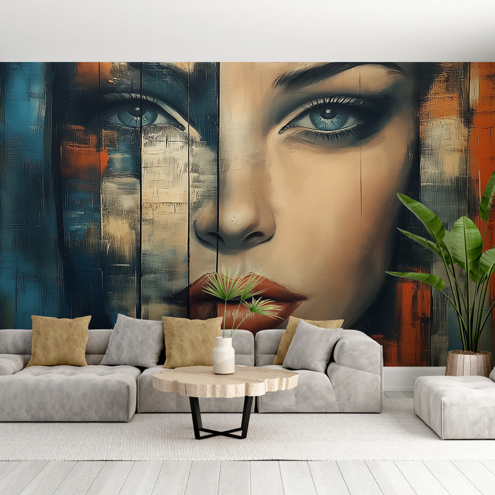 Abstract Portrait Mural Wallpaper creating a bold statement in a modern minimalist living room with white furniture