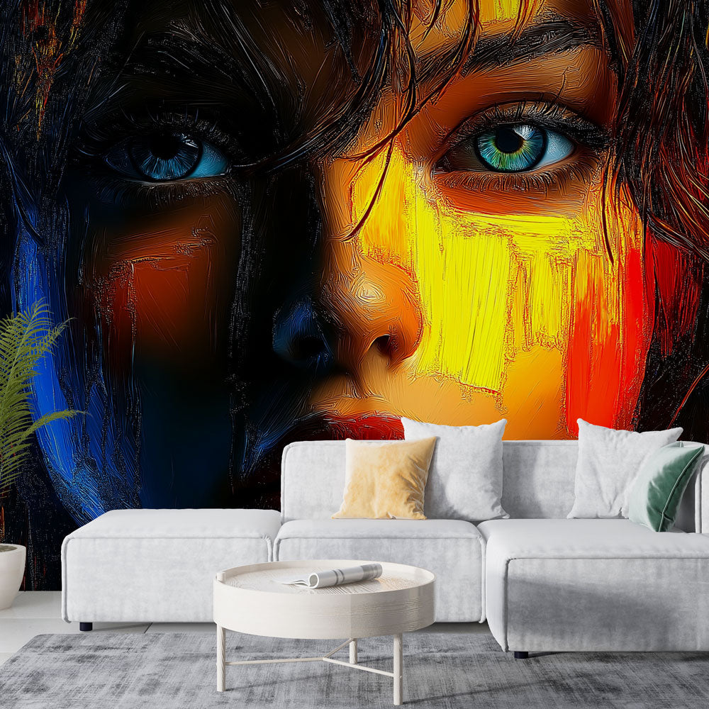 Abstract Portrait Wallpaper creating a stunning focal point in a modern living room with minimalist furniture