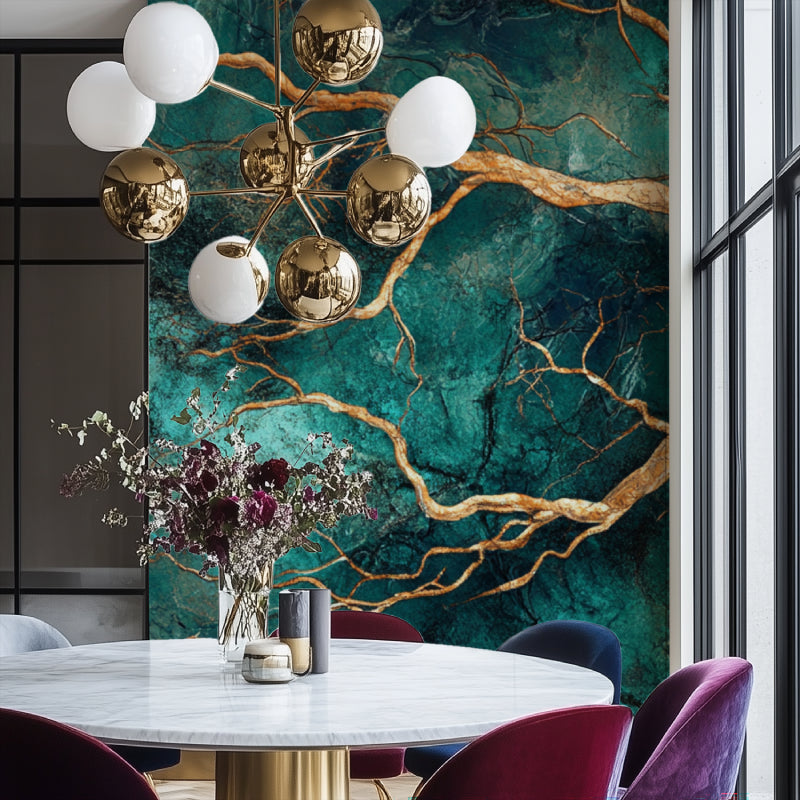 Emerald green and gold abstract tree wallpaper in modern dining room with dramatic lighting