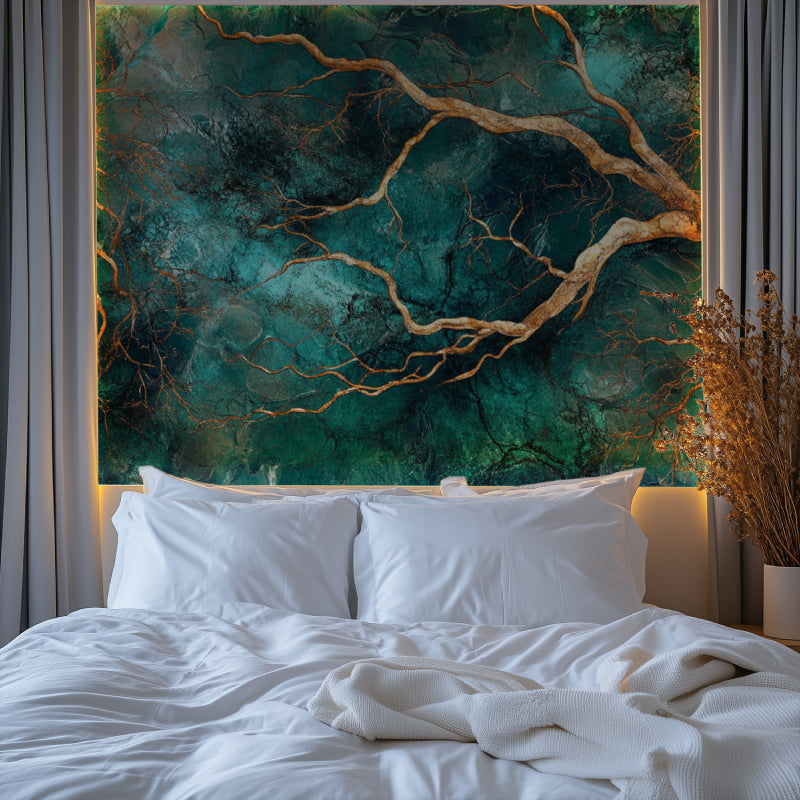 Abstract tree wall mural creating luxury feel in master bedroom