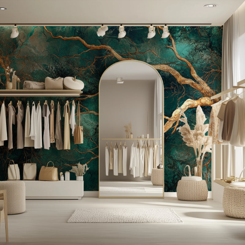 Green and gold tree pattern wallpaper in minimalist home office setup