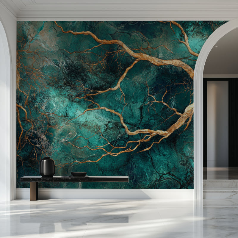 Emerald abstract wallpaper making statement in modern living room