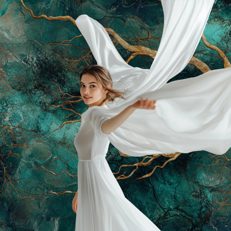 Natural green and gold tree mural in contemporary hallway