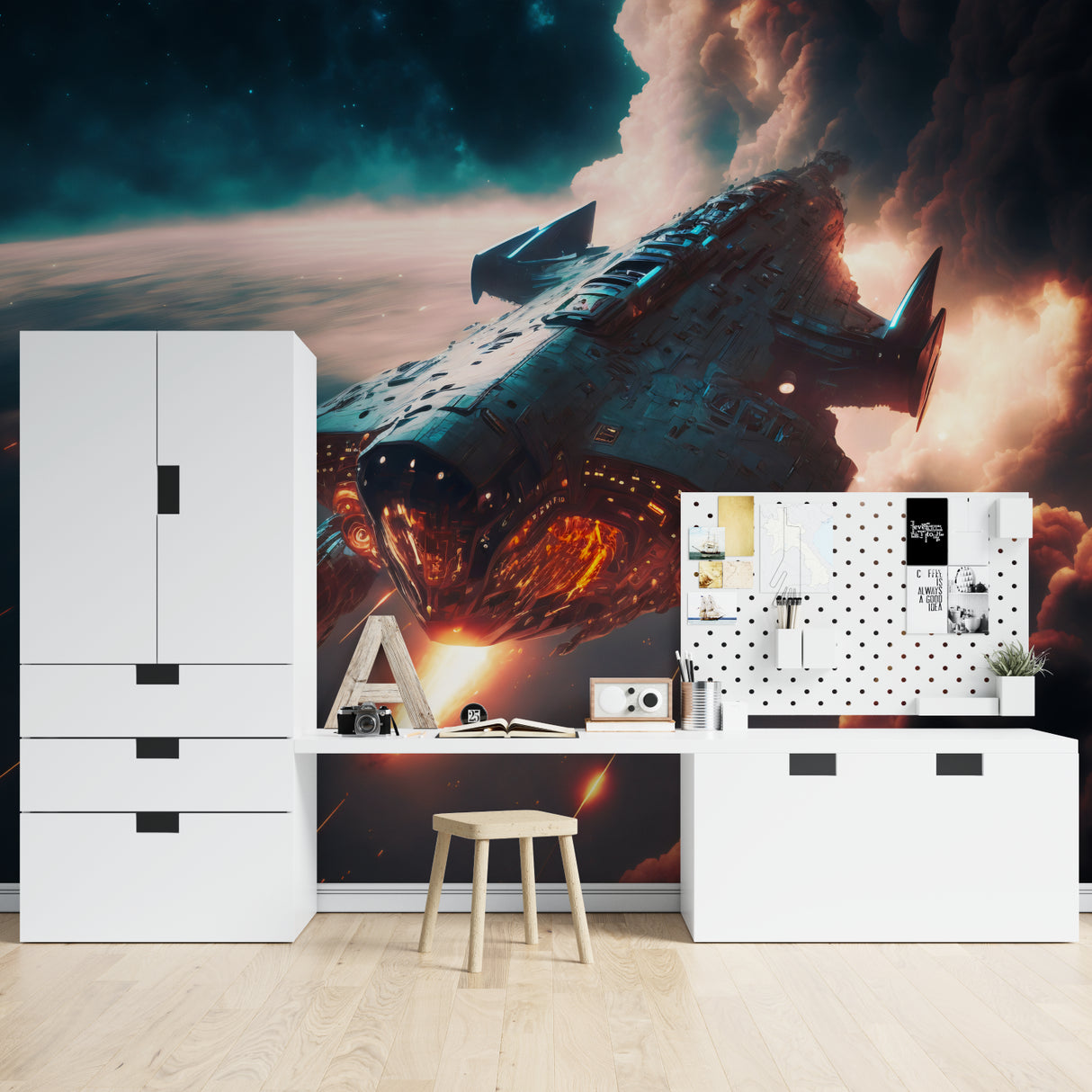 Modern navy blue wave wallpaper in a minimalist living room creating a calm atmosphere