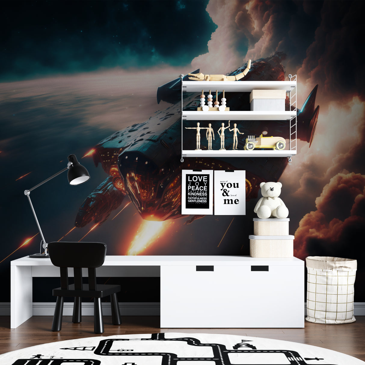 Abstract wave mural wallpaper showcased in a master bedroom with natural lighting