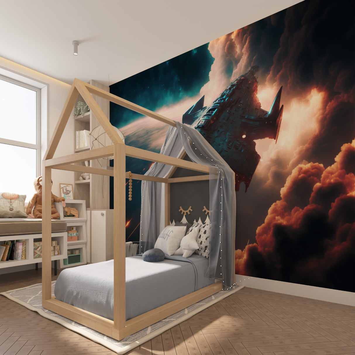 Navy blue wave pattern wall mural in a modern home office setting