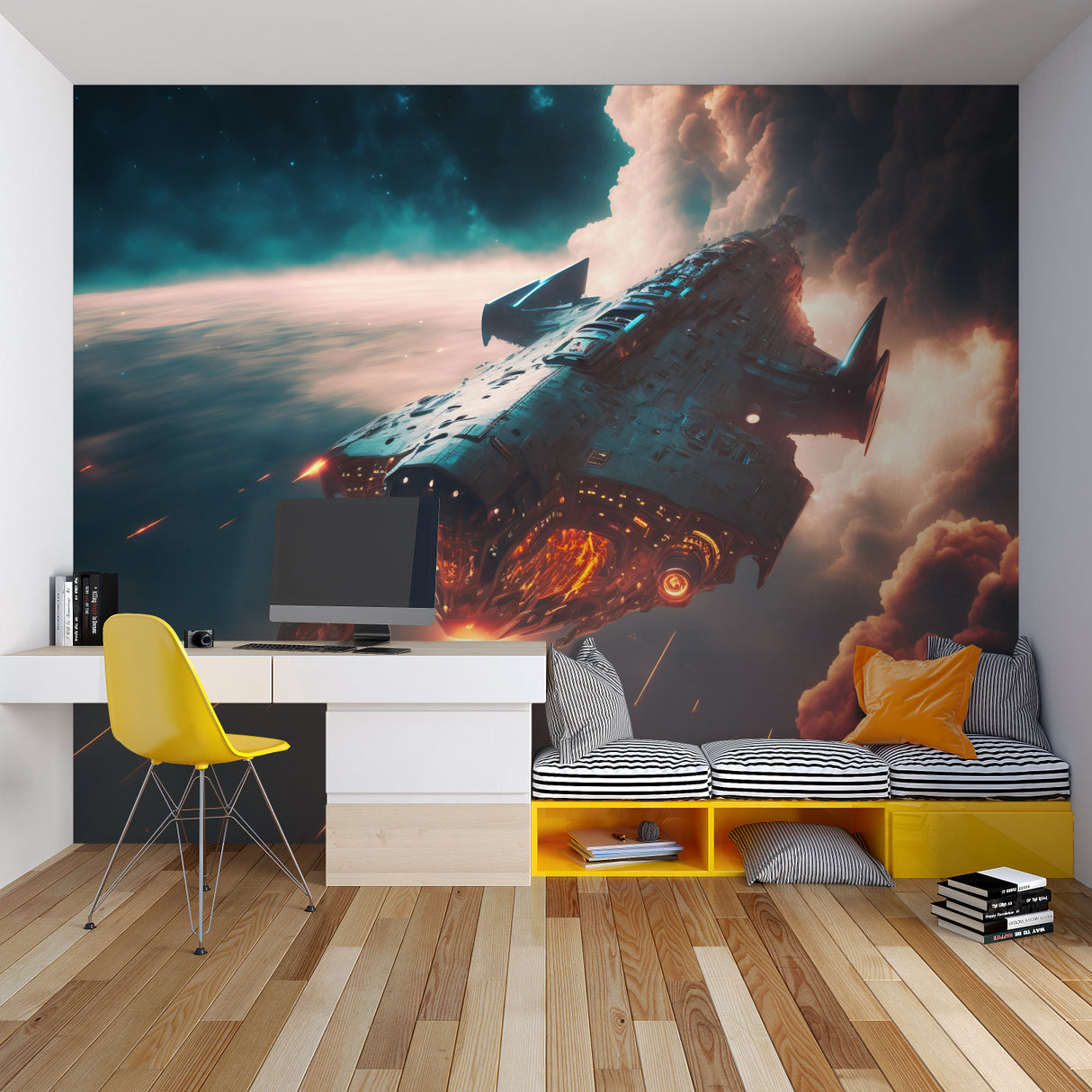 Ocean-inspired wall mural displayed in a contemporary dining room