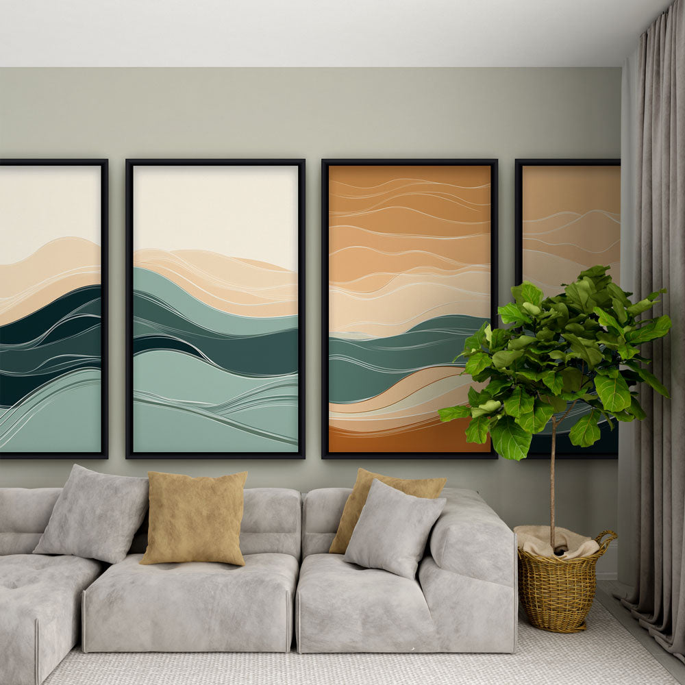 Abstract wave wallpaper in teal and terracotta bringing movement to a modern living room with minimalist furniture