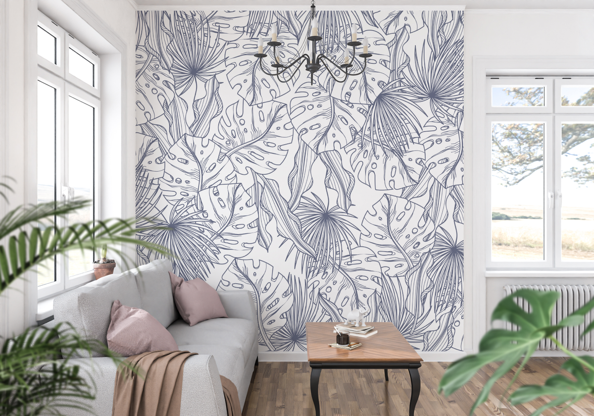 Tropical Line Art Mural Wallpaper | Blue Palm and Monstera Pattern