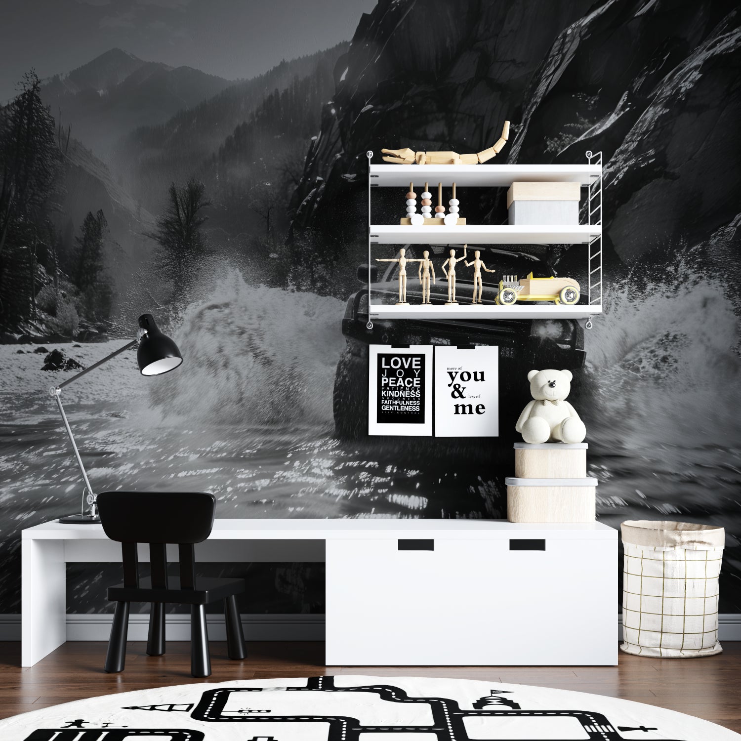 Rally car mural wallpaper installed in a teen's bedroom showing scale and impact