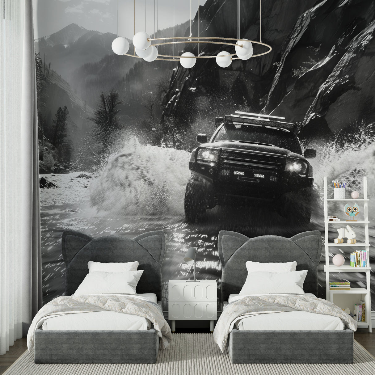 Monochrome racing wallpaper bringing energy to a home office space