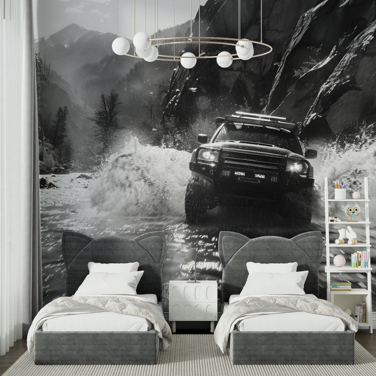 Monochrome racing wallpaper bringing energy to a home office space