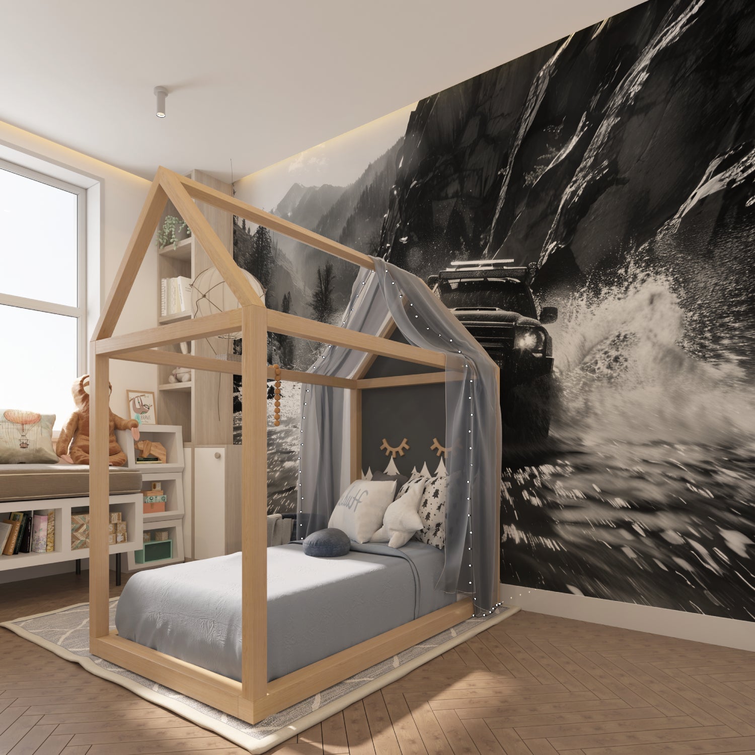 Black and white car mural creating depth in a gaming room setup