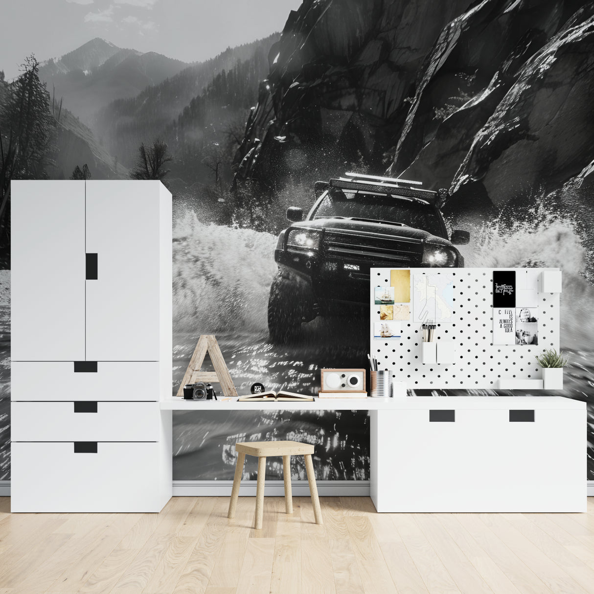 Adventure sports wallpaper showcased in a modern man cave setting