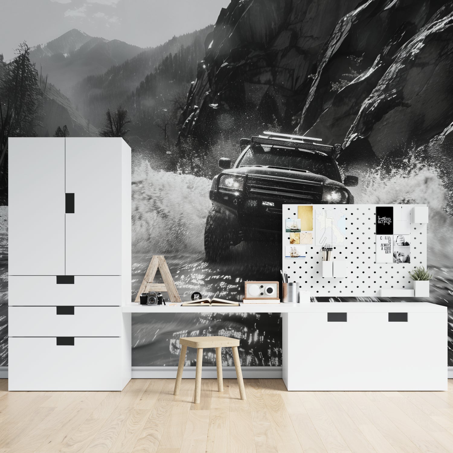 Adventure sports wallpaper showcased in a modern man cave setting