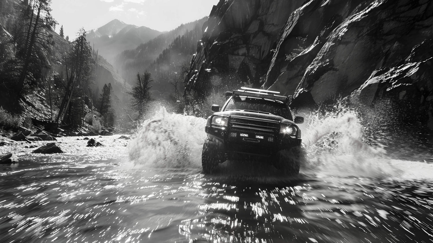 Design file showing detailed black and white rally car pattern with mountain backdrop and water effects