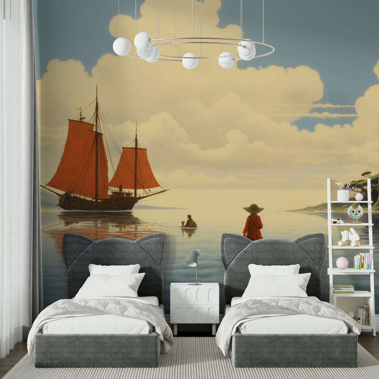 Scenic mountain wallpaper transforms home office with warm sunset glow