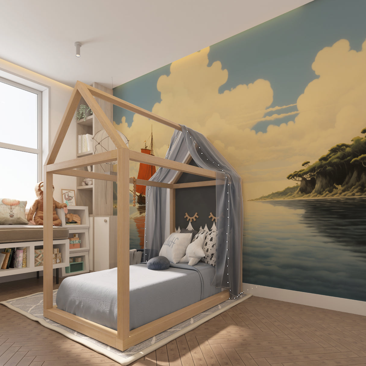 Mountain landscape mural adds depth to bedroom with golden sunset colors