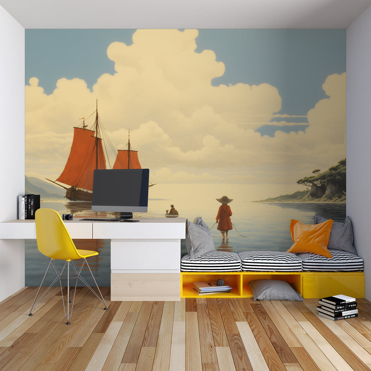 Panoramic mountain wallpaper creates cozy reading nook with sunset view