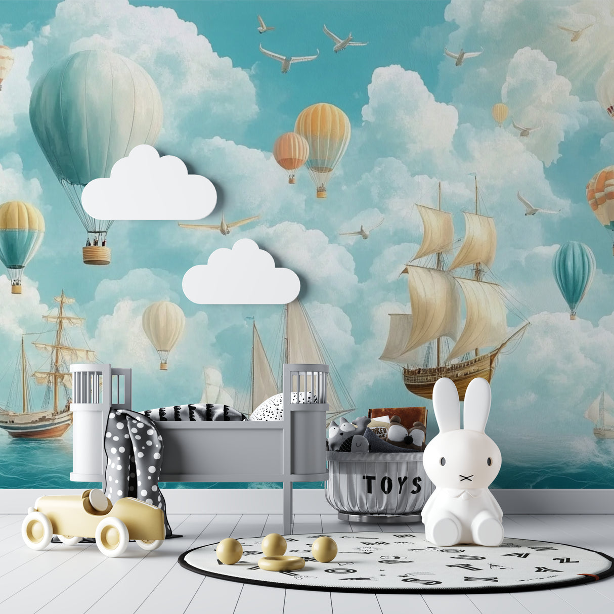 Adventure wallpaper with hot air balloons in modern nursery showing gentle colors and dreamy atmosphere