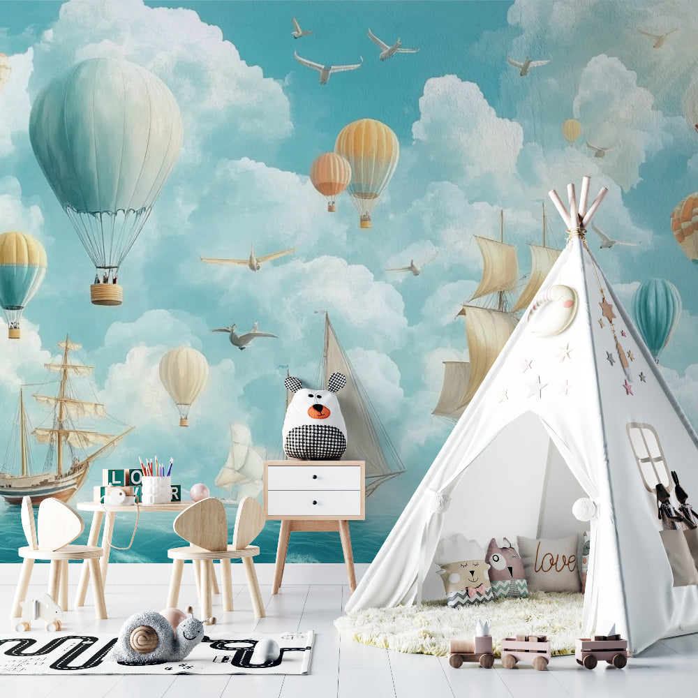 Kids bedroom featuring hot air balloon and ship mural wallpaper creating playful learning space