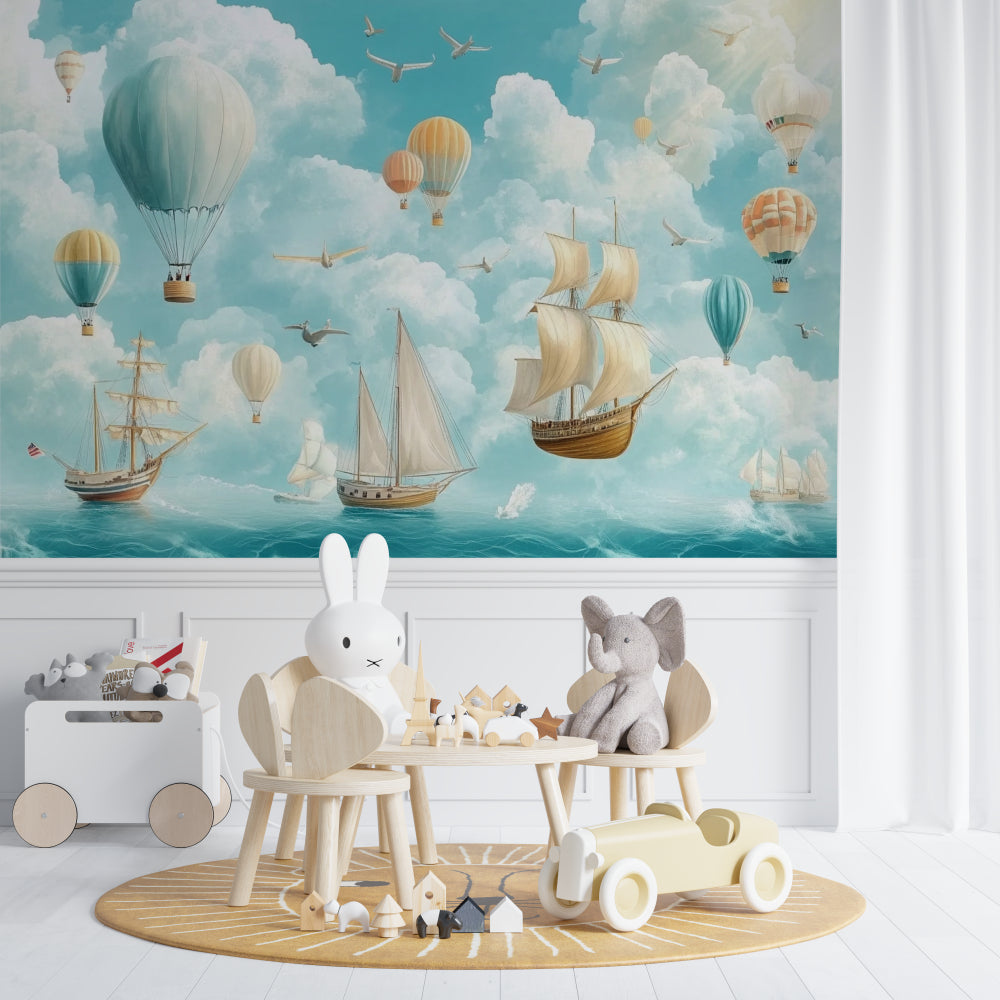 Adventure themed kid's study area with hot air balloon wallpaper bringing inspiration
