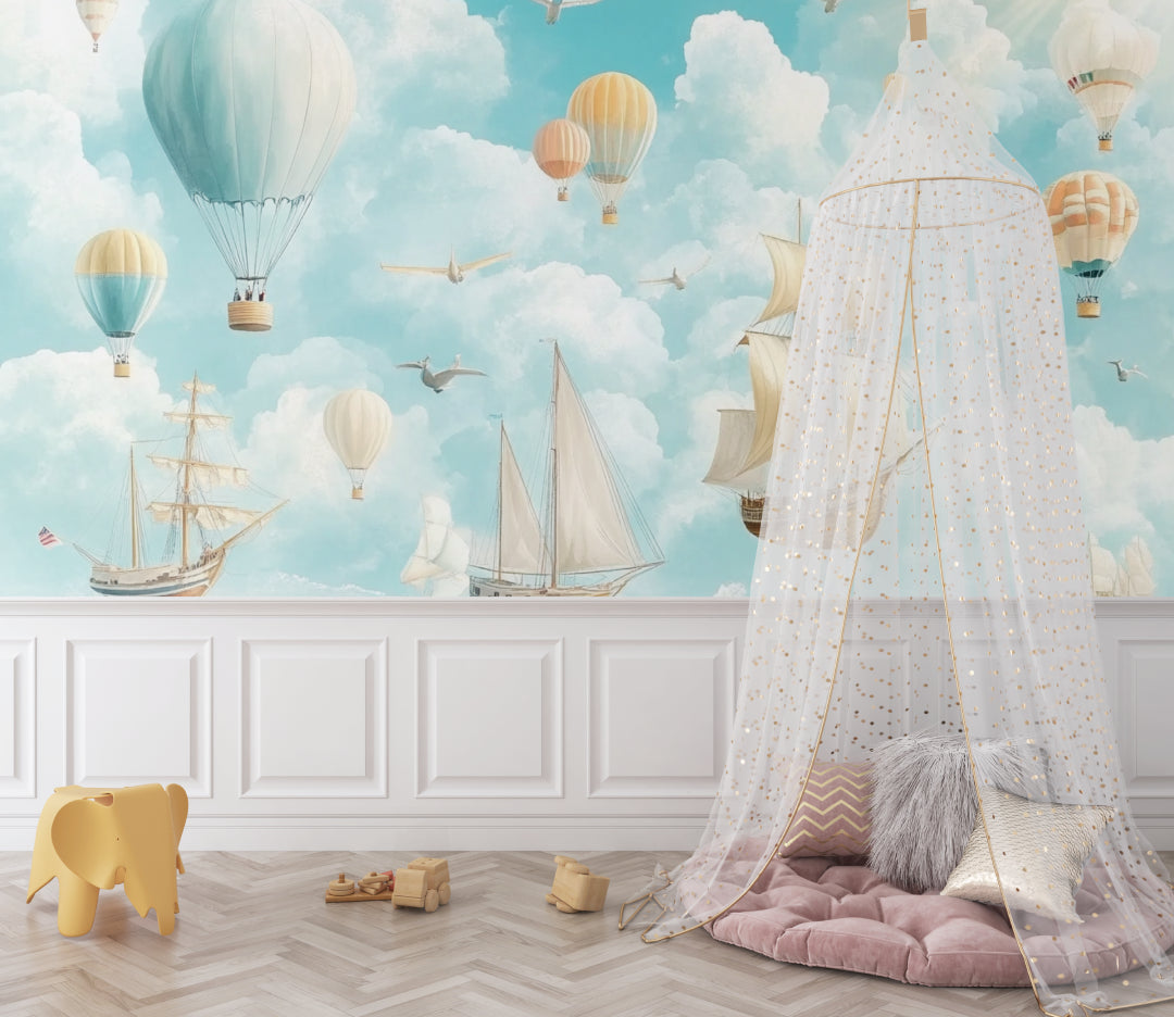 Maritime and sky adventure mural in child's reading nook showing scale and detail