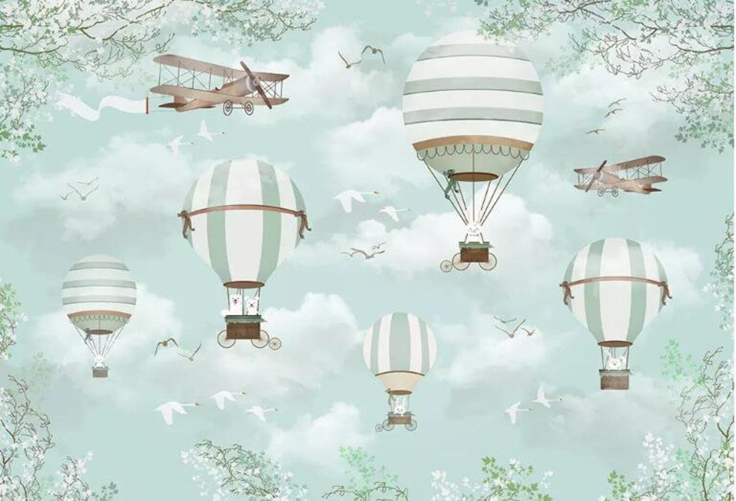 Aviation wallpaper design file showing detailed hot air balloons and vintage planes pattern
