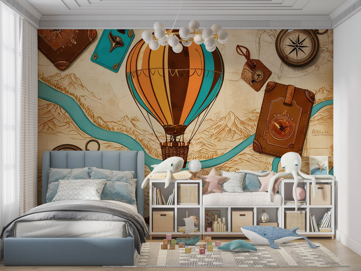 Vintage hot air balloon wallpaper creating a magical atmosphere in a cozy nursery with soft lighting
