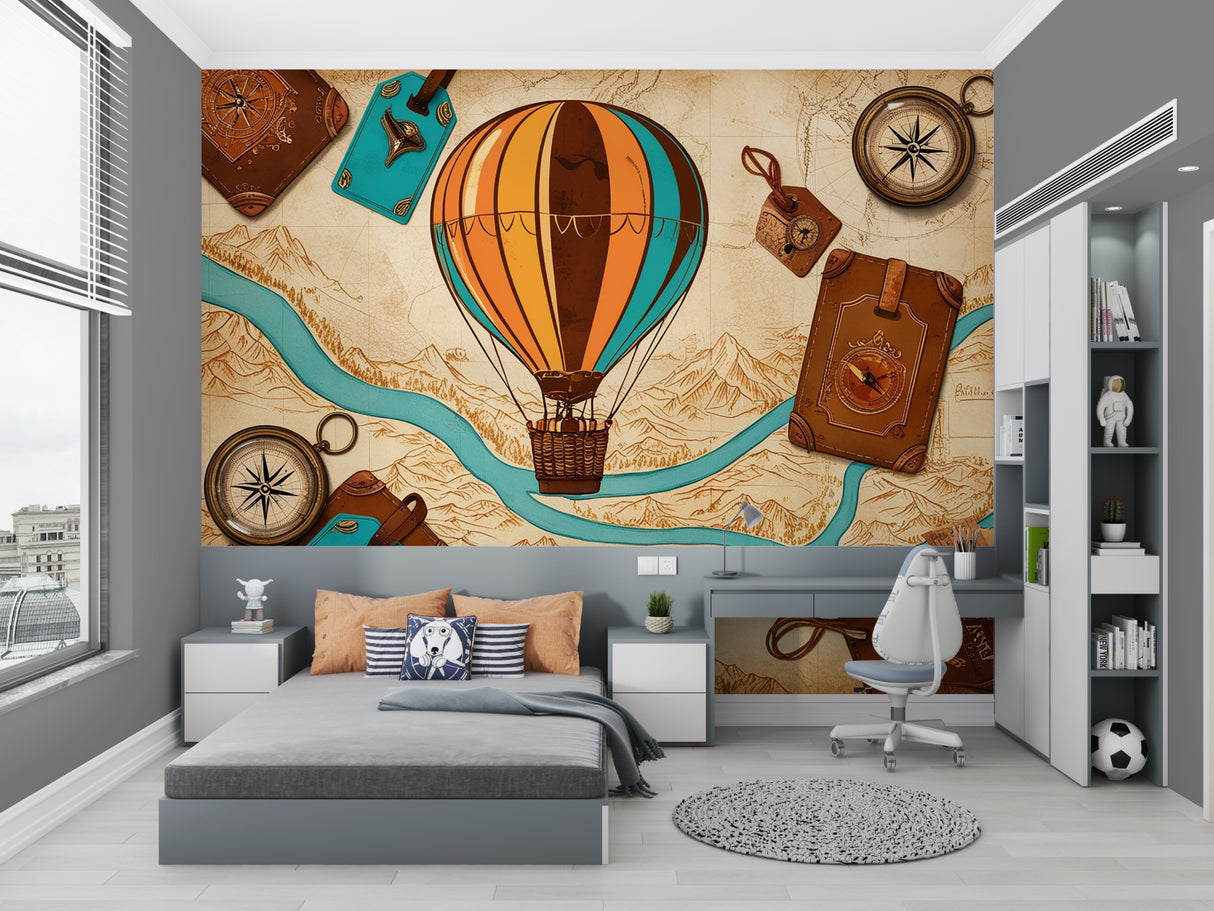 Adventure wall mural with hot air balloons brightening up a modern kids bedroom