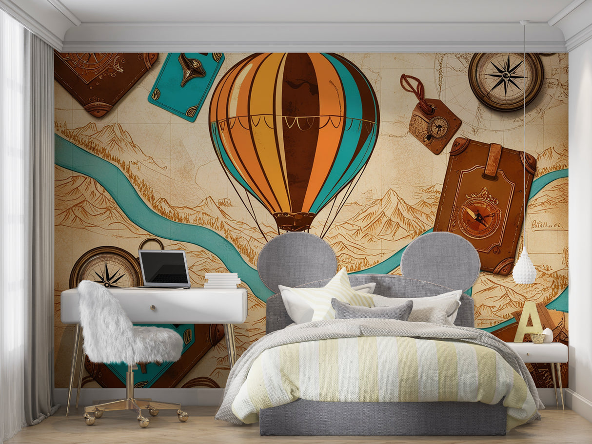 Vintage travel wallpaper featuring hot air balloons in a charming playroom setting