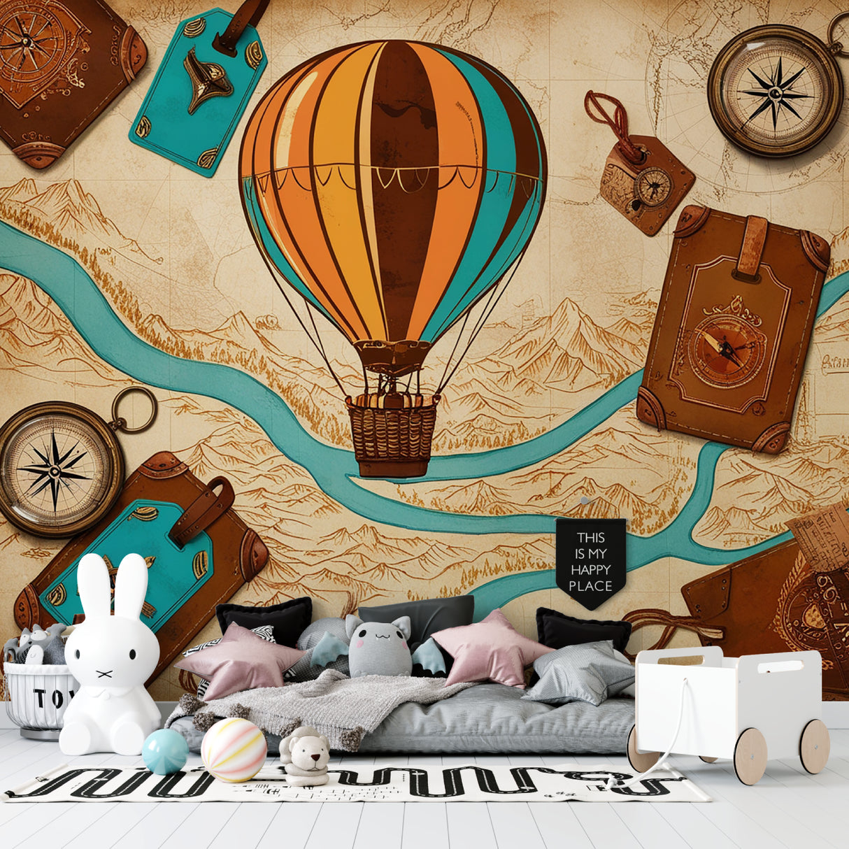 Hot air balloon wall mural adding character to a home office space