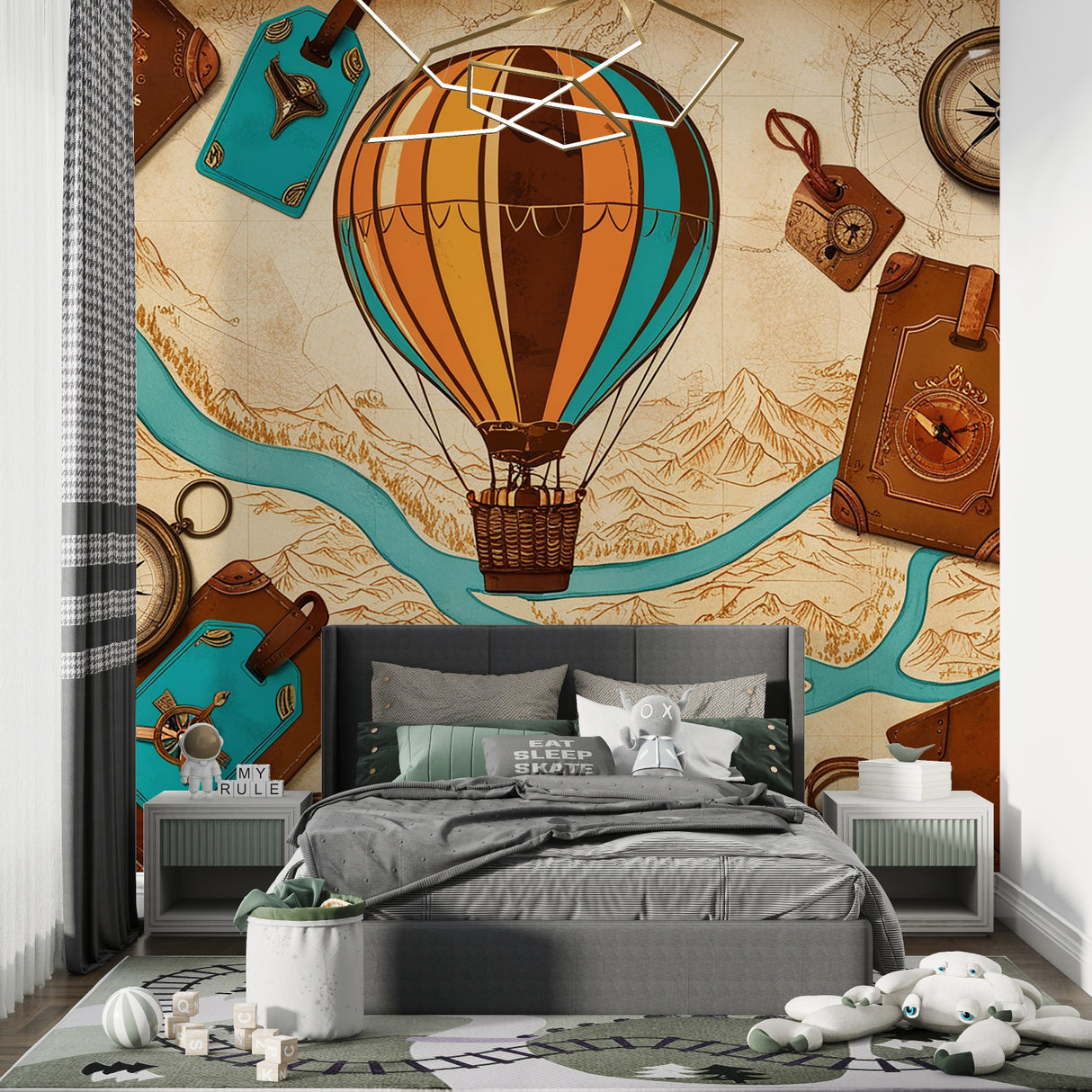 Adventure themed wallpaper displayed in a reading nook with natural lighting
