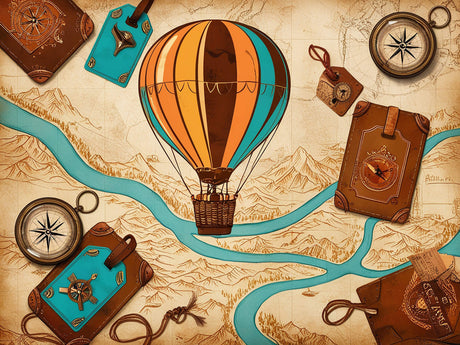 Hot air balloon and compass design file showing intricate vintage details and color palette