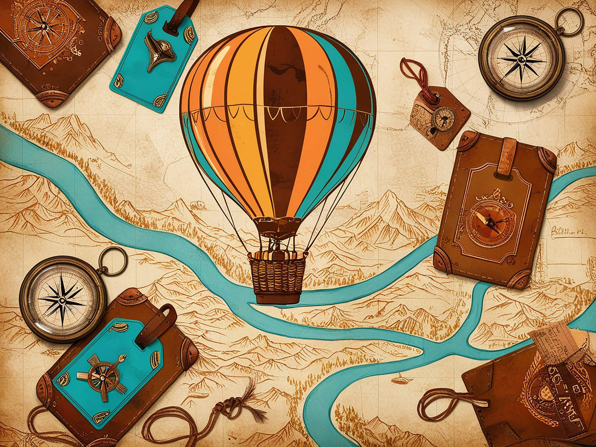 Hot air balloon and compass design file showing intricate vintage details and color palette