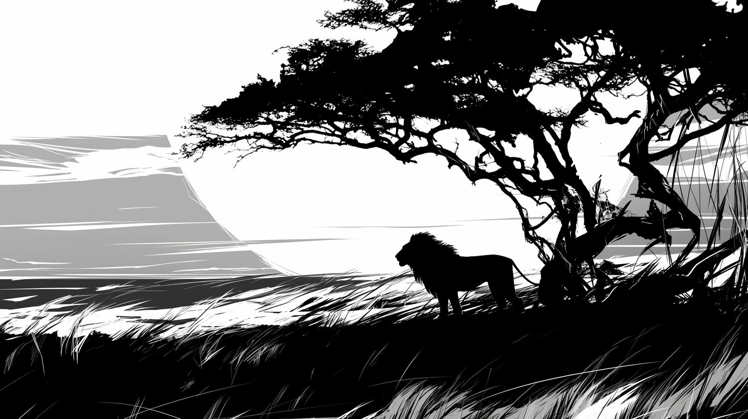 Black and white lion mural wallpaper creating dramatic impact in a modern minimalist living room with clean furniture lines