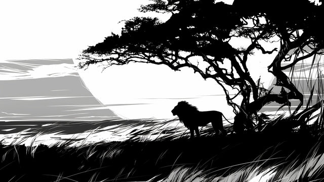 Black and white lion mural wallpaper creating dramatic impact in a modern minimalist living room with clean furniture lines