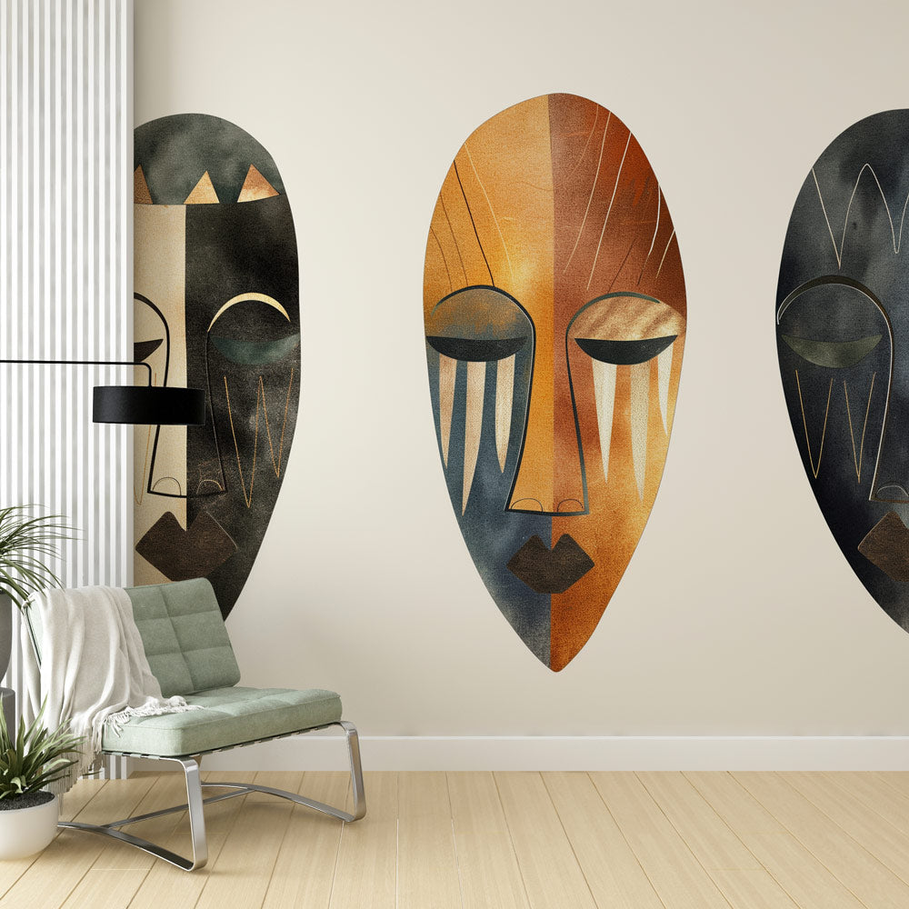 Modern African tribal mask wallpaper creating a stunning accent wall in a minimalist living room with earth-toned furniture