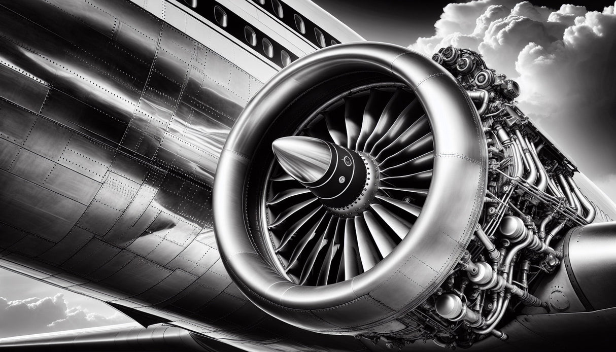 Modern office space with black and white Aircraft Engine Wallpaper creating an industrial atmosphere