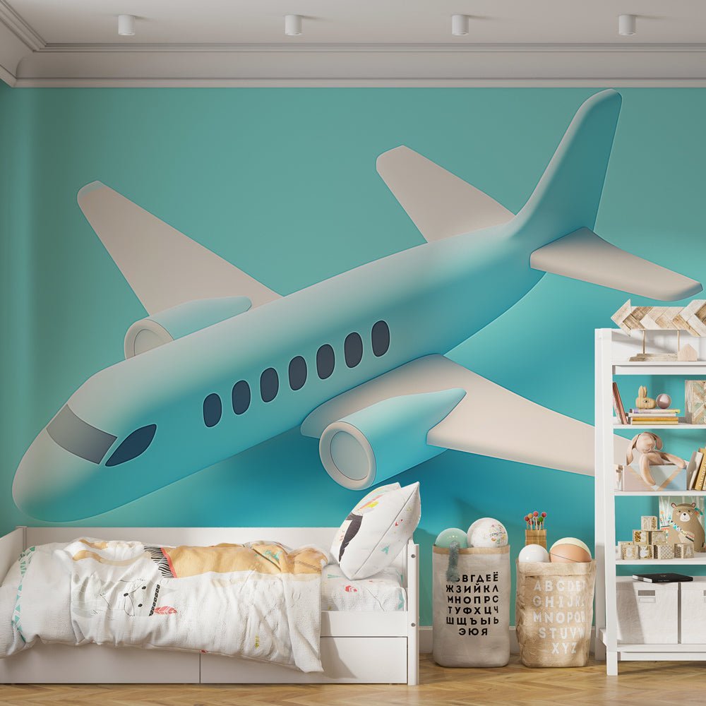 Modern Airplane Wallpaper in a bright kids bedroom, showing a 3D white aircraft against turquoise backdrop