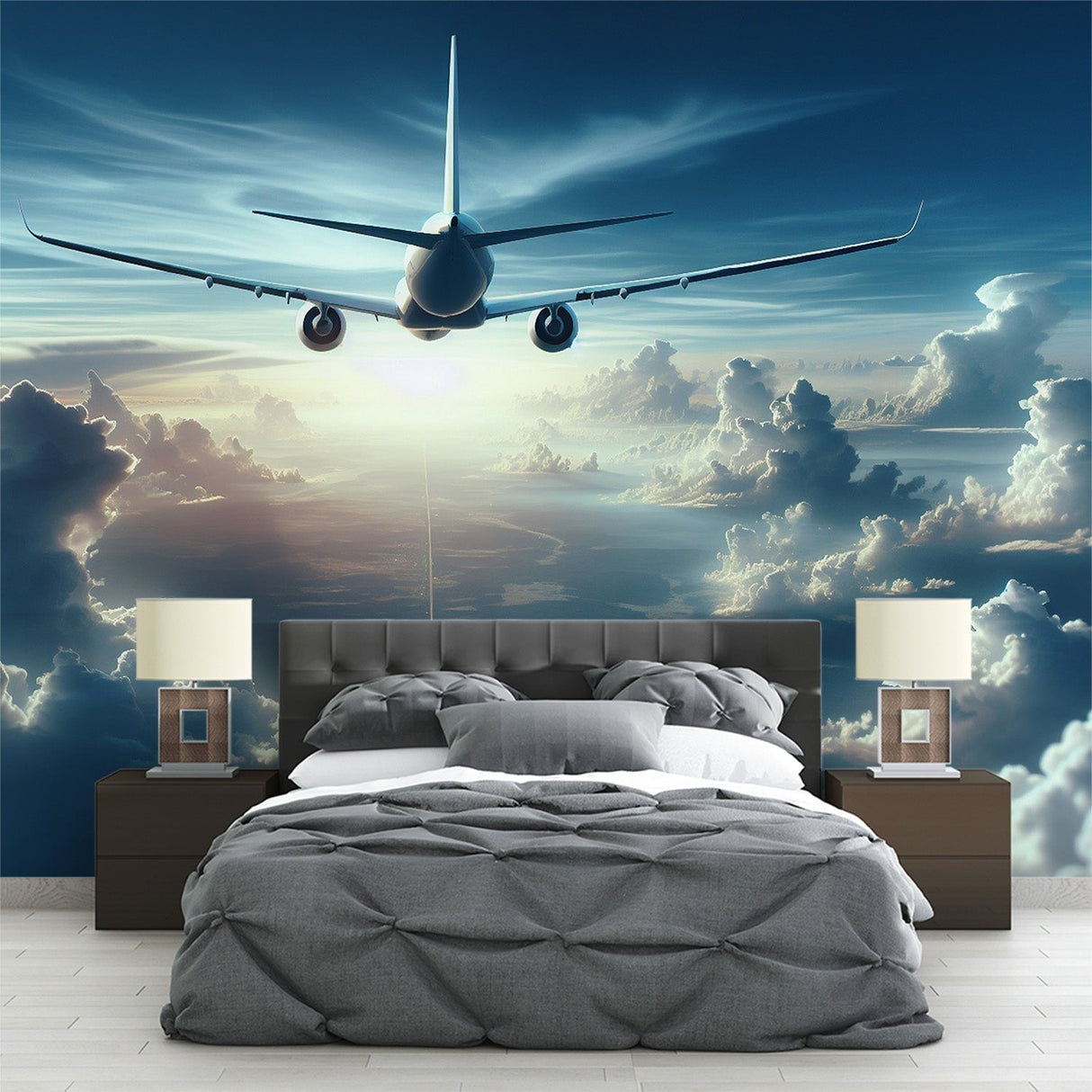 Airplane wallpaper mural showcased in a modern living room, creating depth with cloud scenery and blue skies