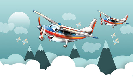 Design file of cartoon airplane wallpaper showing full pattern with mountains and clouds