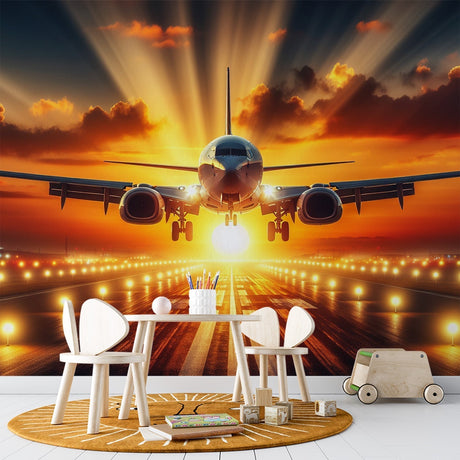 Airplane wall mural featuring sunset landing scene in modern home office with warm lighting and minimalist furniture