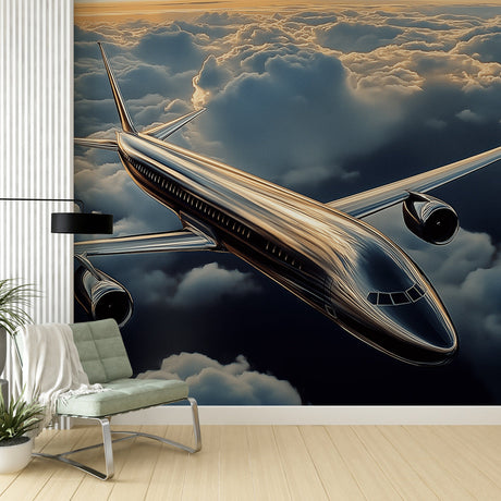 Modern Airplane Wallpaper Mural showcased in a bright contemporary home office with minimalist furniture