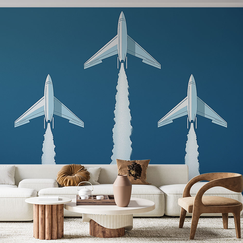 Modern airplane wallpaper creating depth in a minimalist home office, with sleek aircraft formation against blue sky