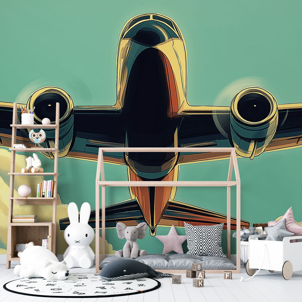 Modern airplane wallpaper mural styled in a bright kids bedroom, showing how aviation art brings energy to children's spaces