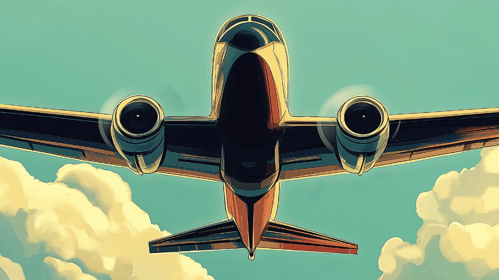 Airplane mural wallpaper design file showing modern aircraft in mint green and copper tones