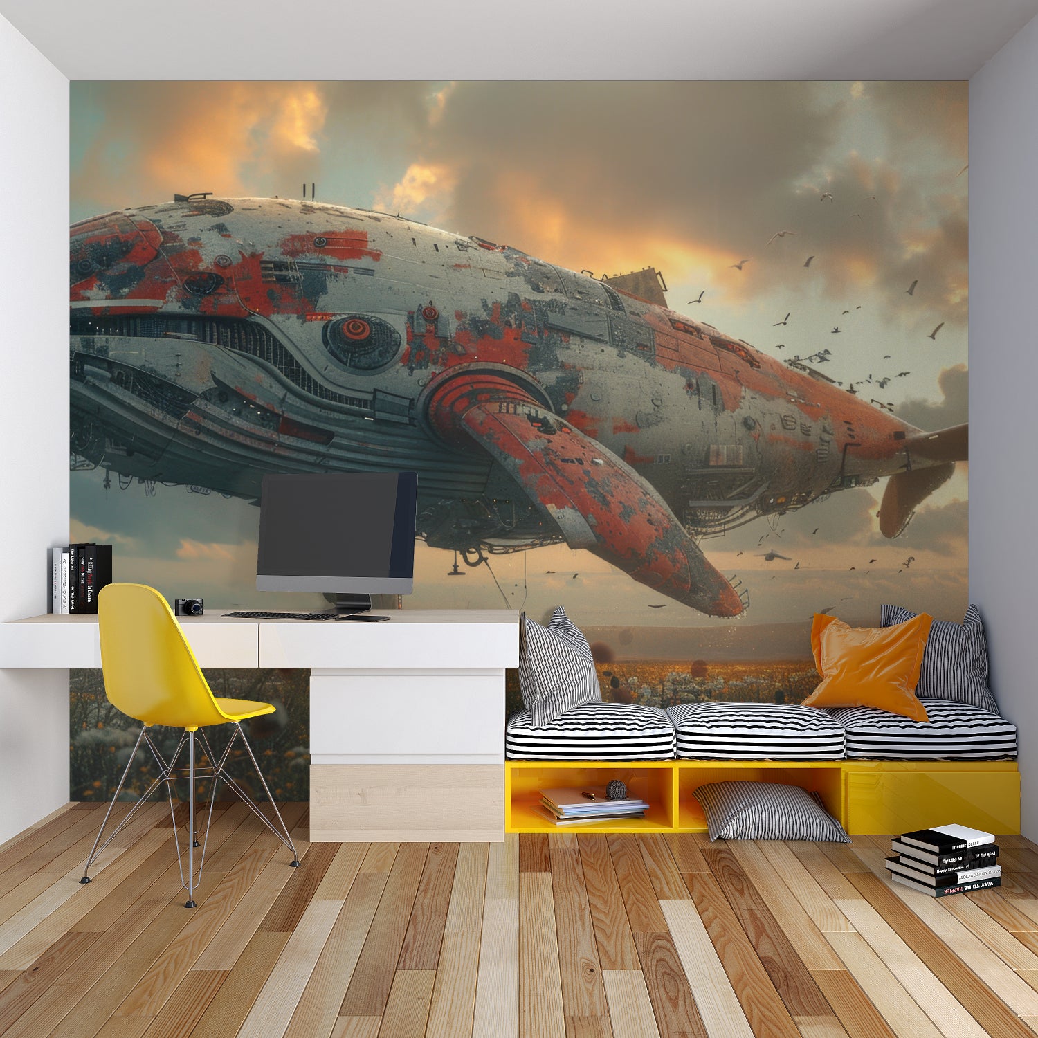 Aviation themed wall mural in child's bedroom with mountain scenery
